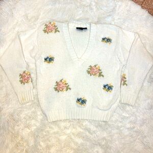 Vintage Liz Sport Cotton Sweater Floral Design Size Medium Petite